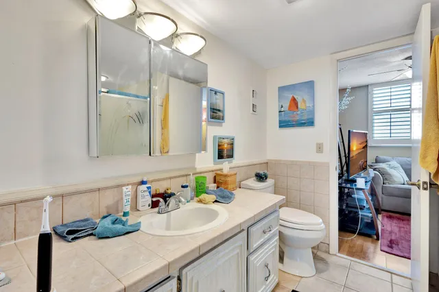 a bathroom with a sink vanity mirror and toilet