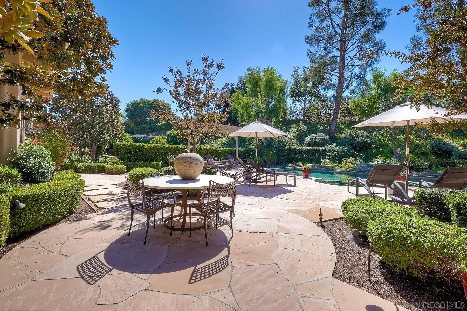 17732 Vineyard Lane Poway, CA 92064 - Photo 33 of 63 a view of a patio with chairs and table under an umbrella