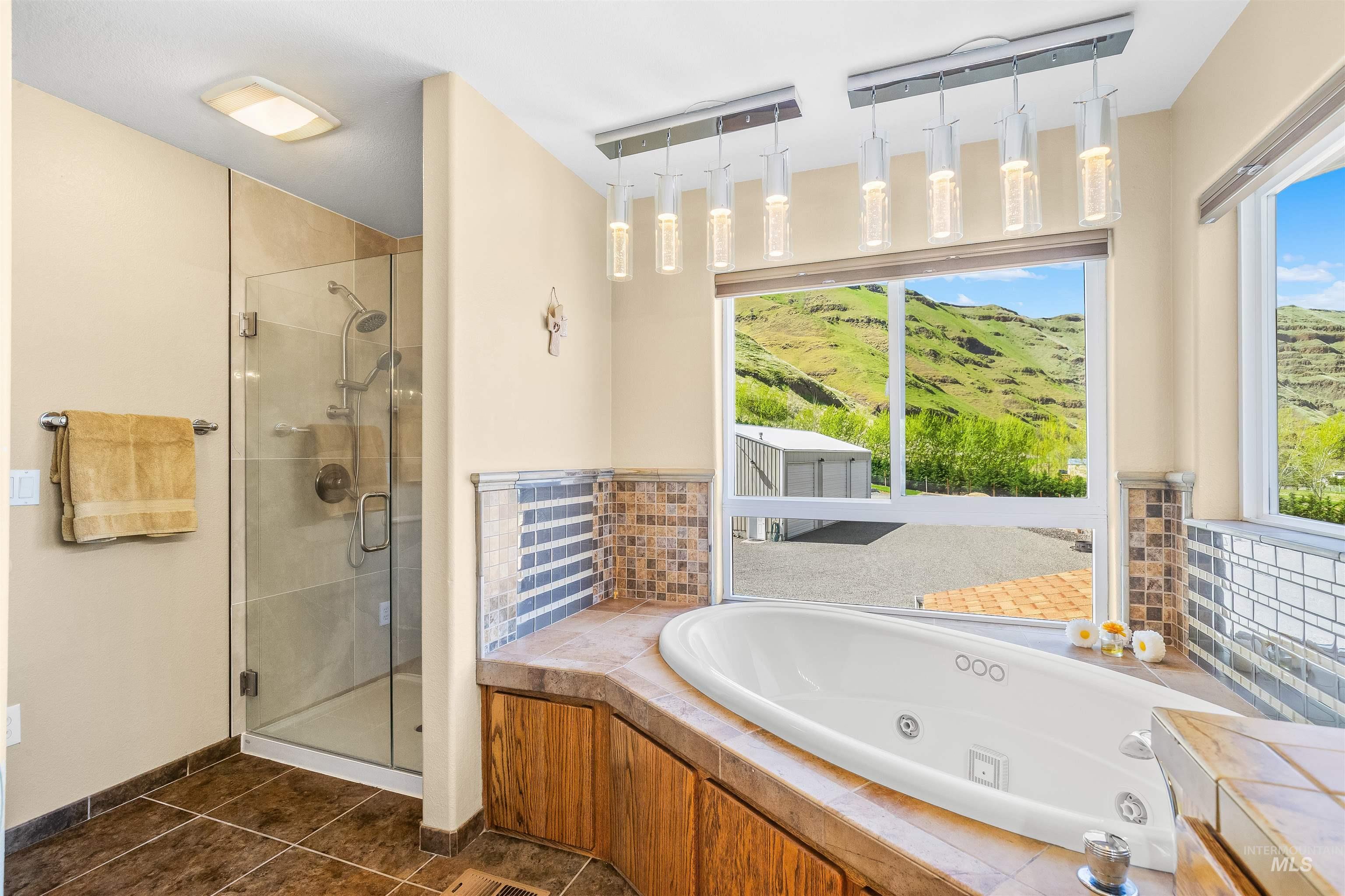 11056 Snake River Road Asotin, WA 99402 - Photo 23 of 50 Full bathroom with a stall shower, a whirlpool tub, and dark tile patterned flooring