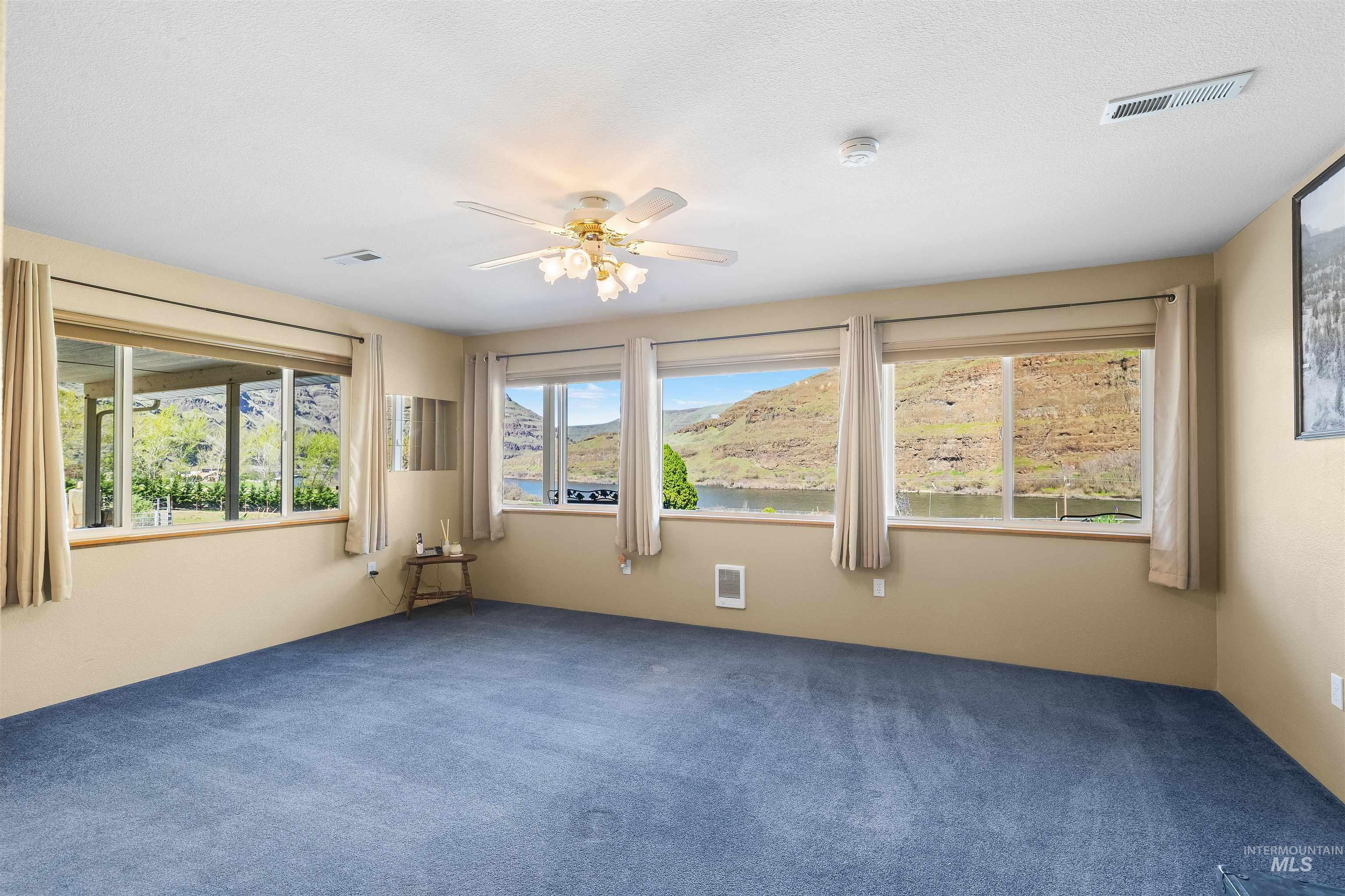 11056 Snake River Road Asotin, WA 99402 - Photo 31 of 50 Empty room featuring a ceiling fan, healthy amount of natural light, carpet floors, and a water view