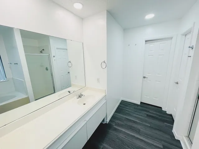 a bathroom with a sink and a shower
