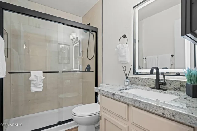 a bathroom with a granite countertop sink toilet and shower