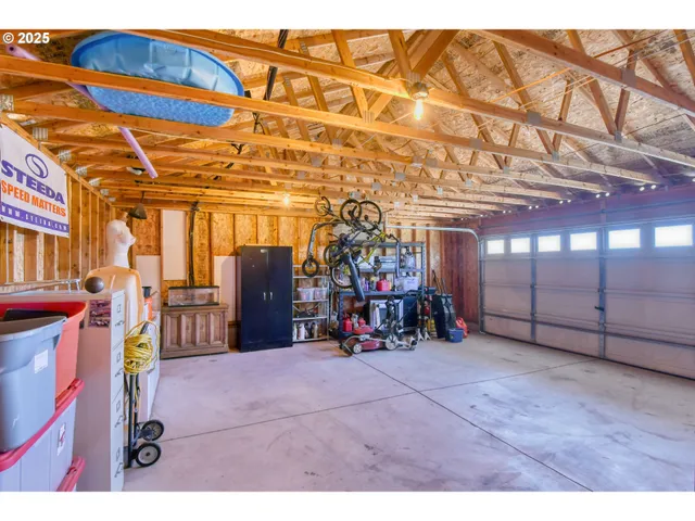 a view of a garage with storage