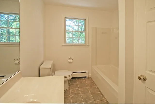 a bathroom with a bathtub and window