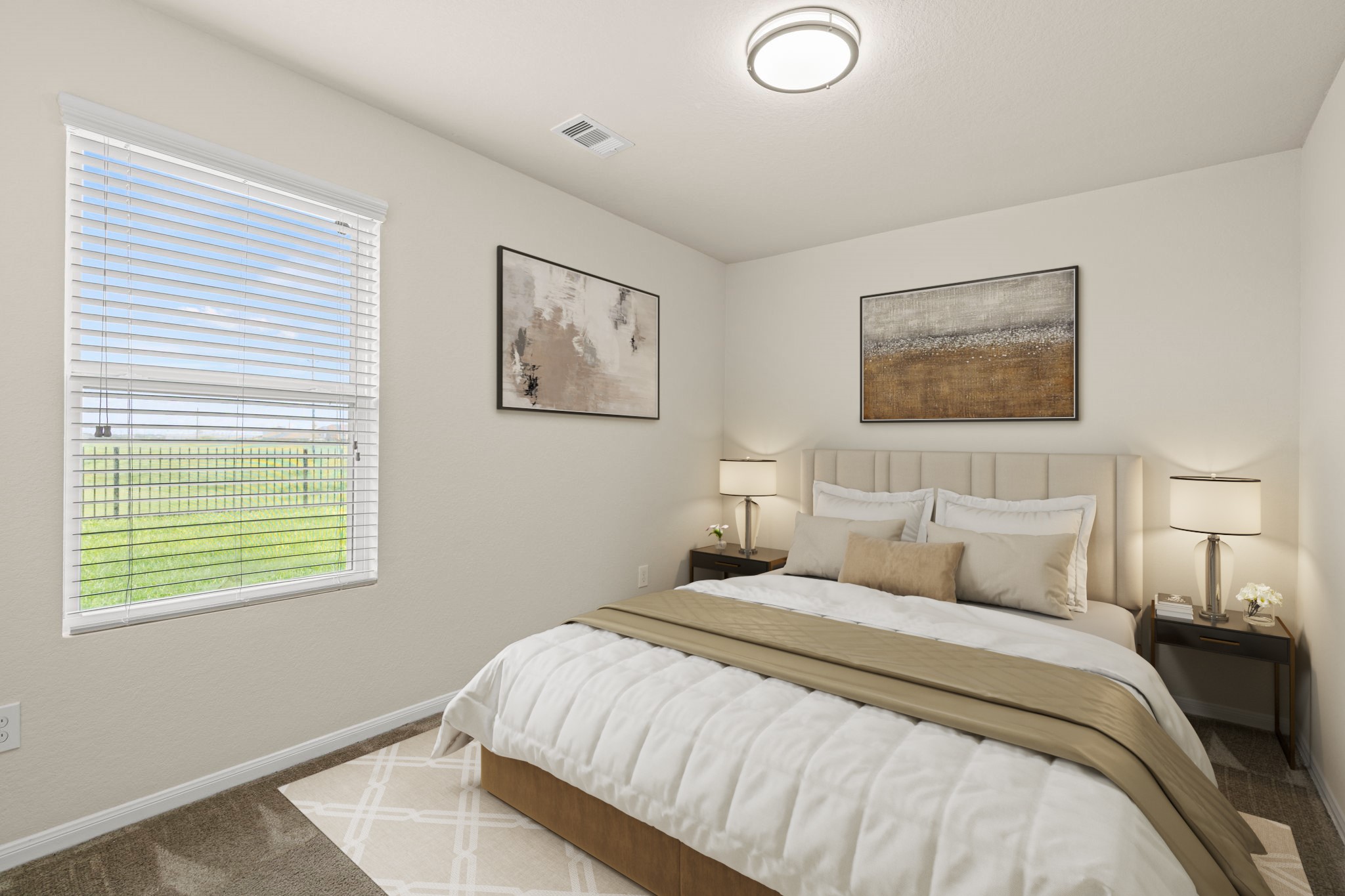 2110 Red Cedar Trail Rosenberg, TX 77471 - Photo 13 of 20 Virtually Staged: Take a look at this pristine secondary bedroom featuring plush carpeting, clean trim, and central ceiling ventilation. The large window comes equipped with fitted blinds and showcases a beautiful, wide-open view of the green space out back.