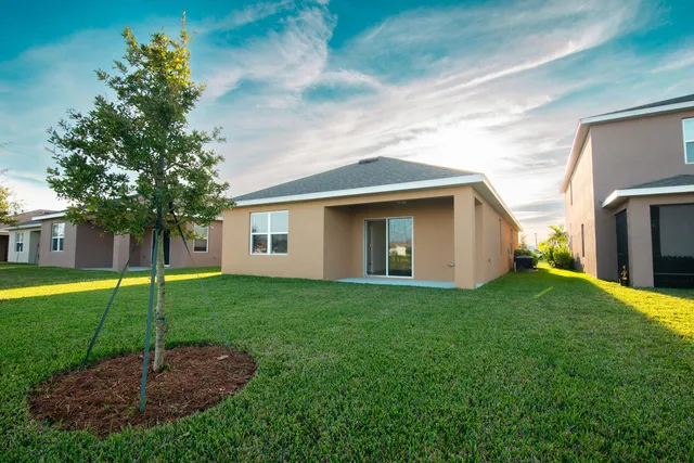 a backyard of a house with plants and large tree
