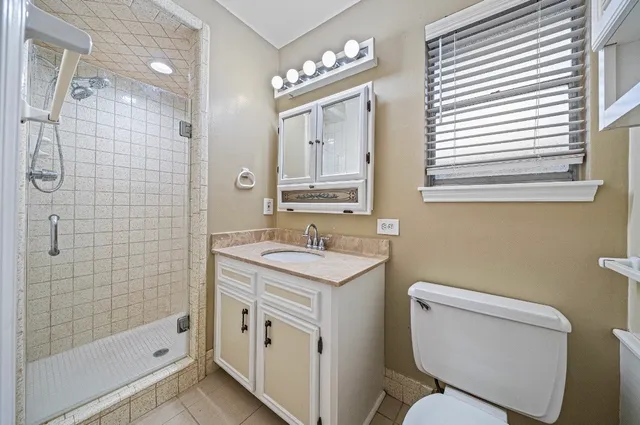 a bathroom with a sink a toilet a mirror and shower