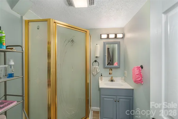a bathroom with a sink mirror and shower