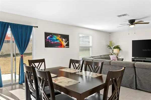 a view of a dining room with furniture and a window
