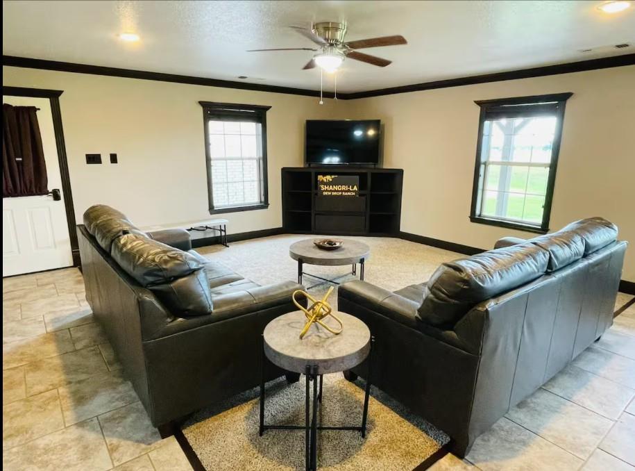 207 Emberson Chapel Road Pilot Point, TX 76258 - Photo 3 of 18 Recessed lighting, ceiling fan, built-in entertainment console, two large windows, and tile flooring