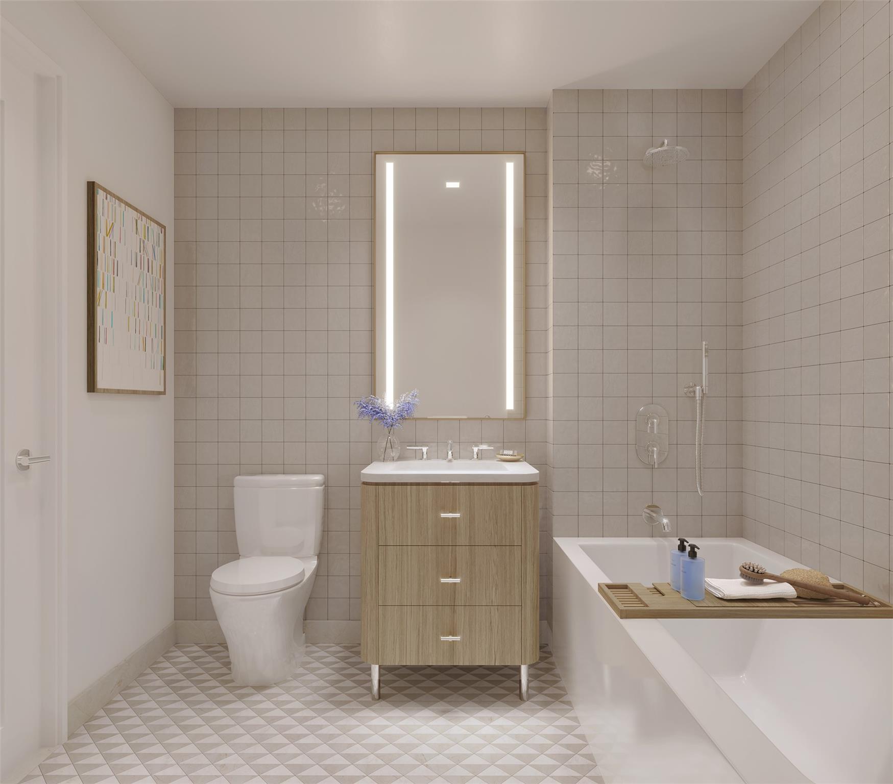24-01 Queens Plaza North, Unit 1106 Queens, NY 11101 - Photo 5 of 15 Bathroom featuring tile walls, vanity, and toilet