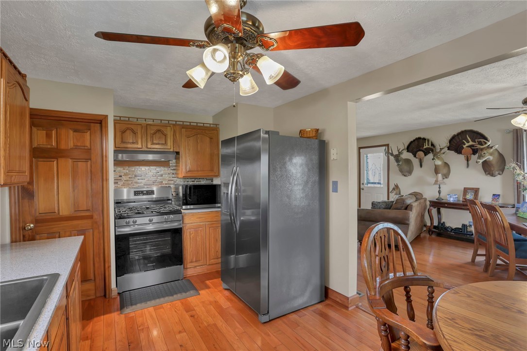 5502 Dutch Ridge Road New Straitsville, OH 43766 - Photo 20 of 49 Kitchen featuring a ceiling fan, stainless steel appliances, light countertops, light wood-style flooring, and tasteful backsplash
