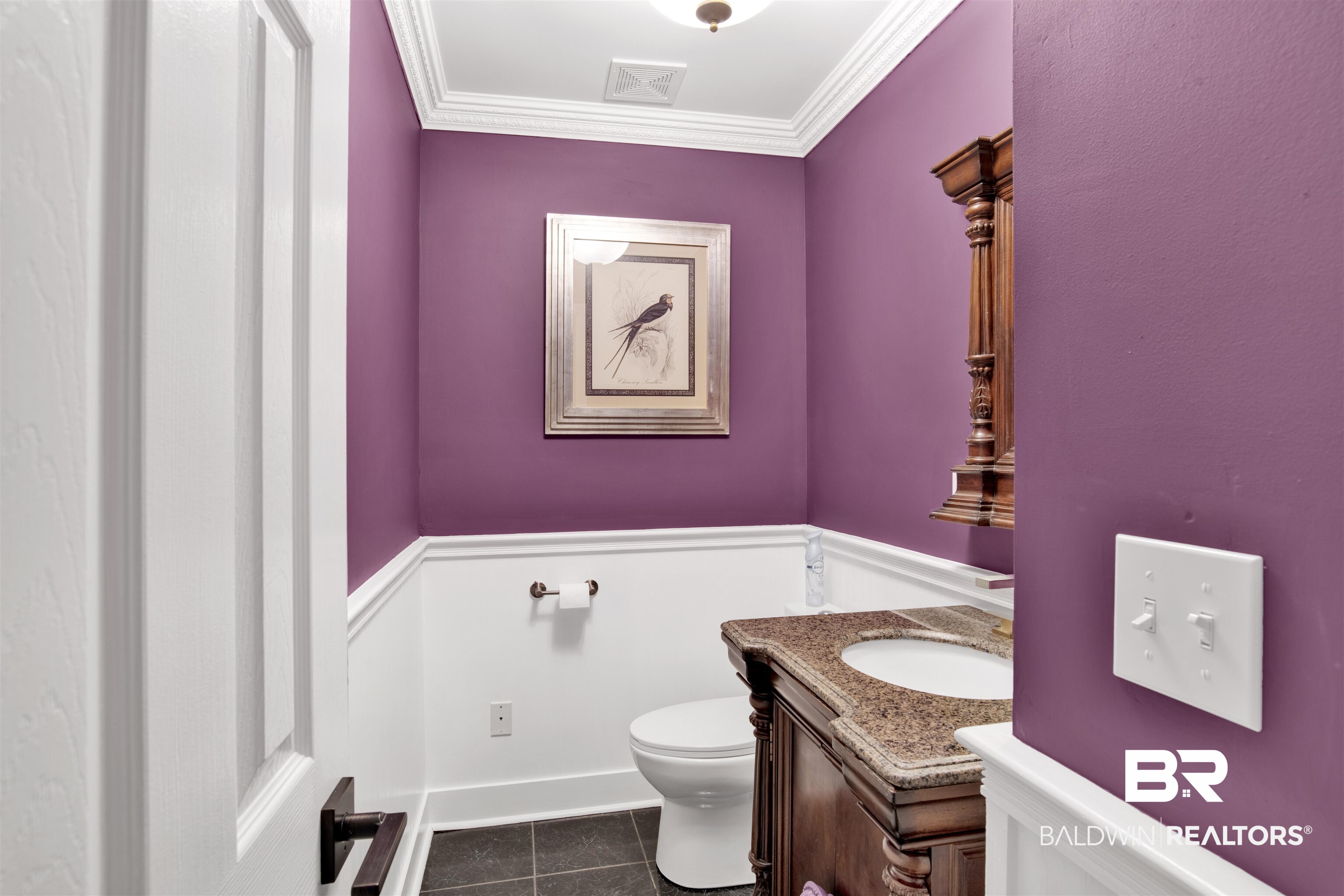 7641 Hitt Road Mobile, AL 36695 - Photo 9 of 29 Bathroom featuring tile patterned flooring, toilet, crown molding, and vanity