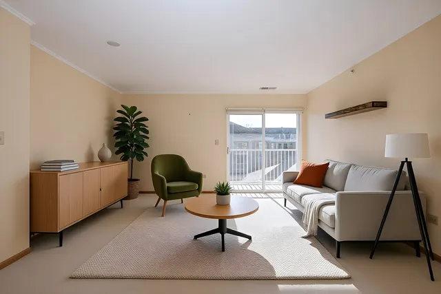 a living room with furniture a window and a potted plant