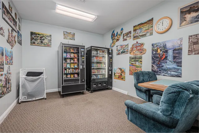 a living room with furniture and wall painting