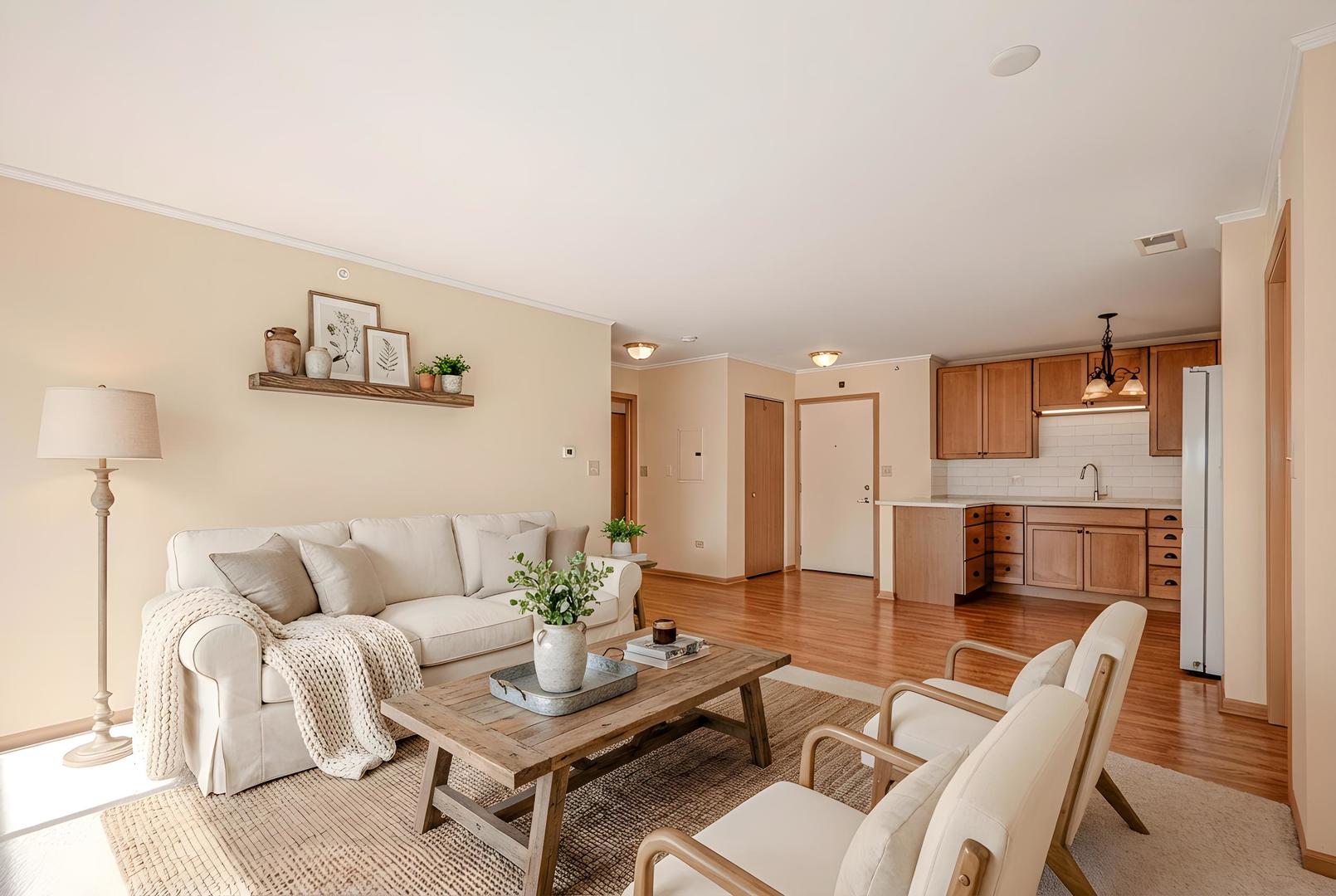 801 North McLean Boulevard, Unit 320 Elgin, IL 60123 - Photo 4 of 38 a living room with furniture and a view of kitchen