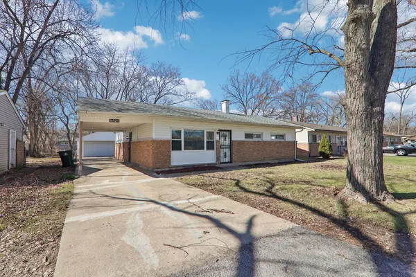 a view of a house with a large tree in it