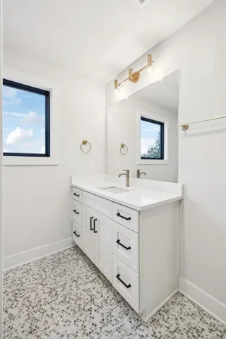 a bathroom with a sink mirror and vanity