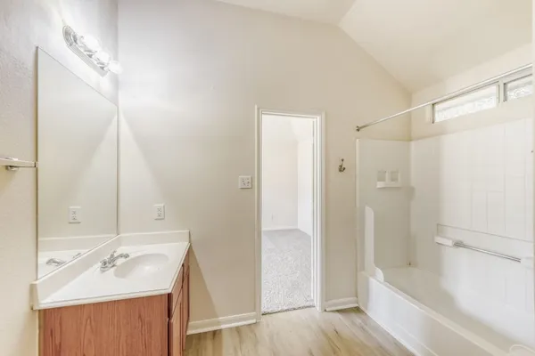 a bathroom with a tub sink vanity and a mirror