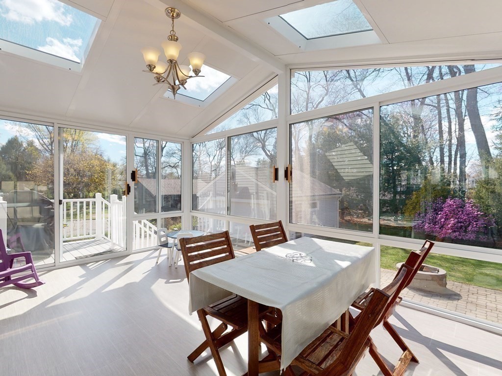 30 Kingston Road Waltham, MA 02451 - Photo 19 of 41 a view of a dining room with furniture a chandelier and large windows
