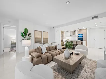 a living room with furniture and a potted plant