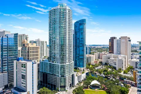 a city view with tall buildings