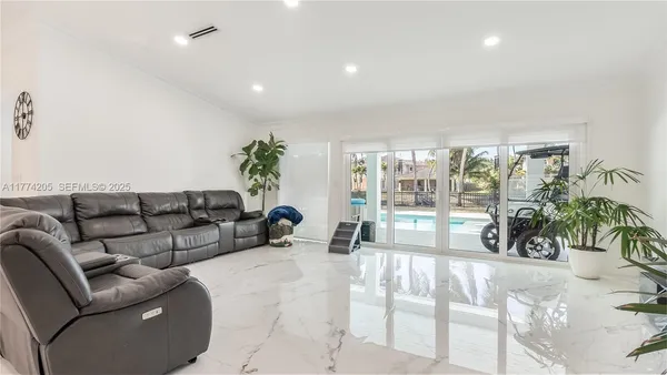 a view of a swimming pool with a garden