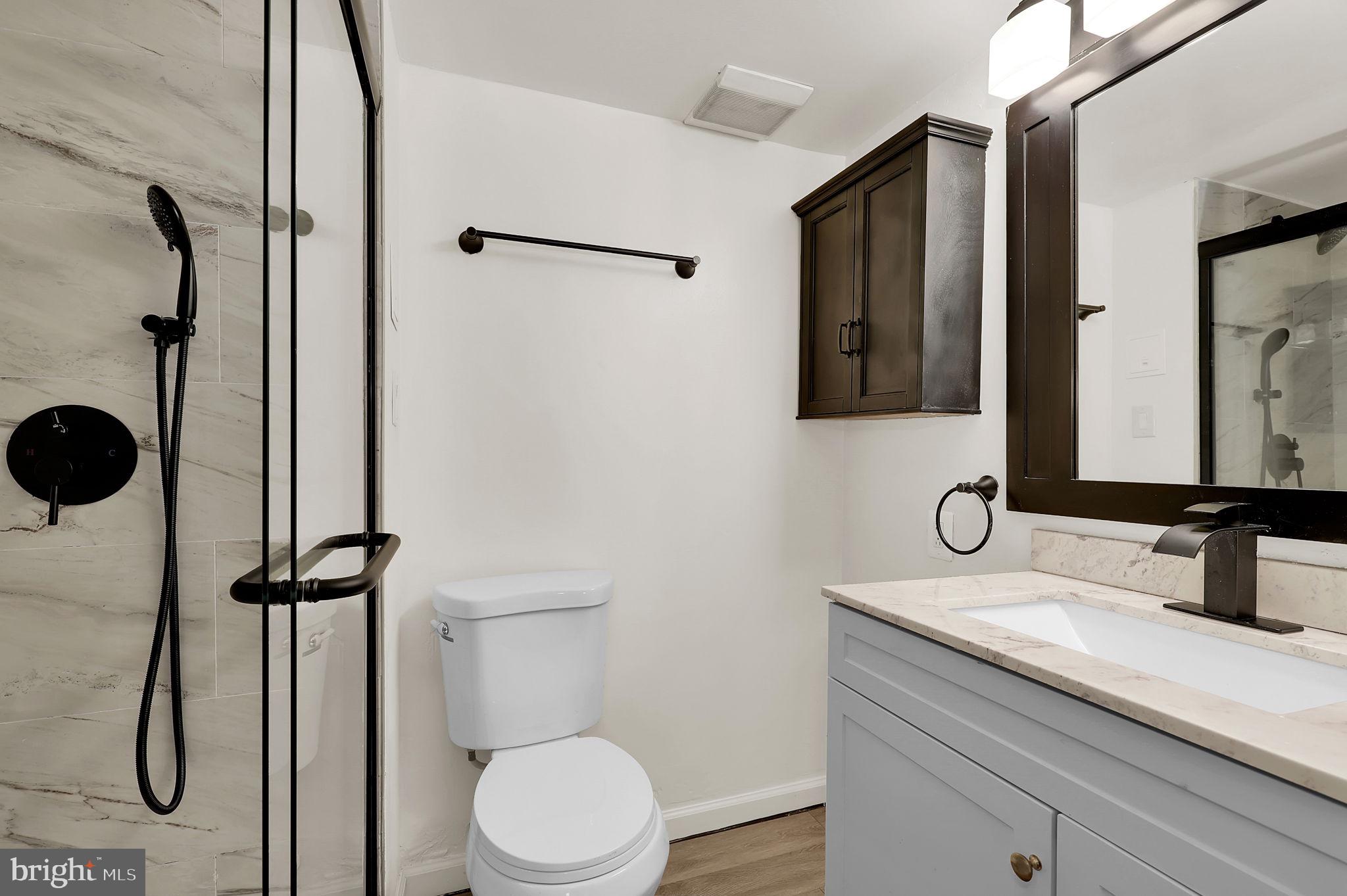 9645 White Acre Road, Unit A2 Columbia, MD 21045 - Photo 19 of 25 a bathroom with a granite countertop sink toilet a mirror and shower