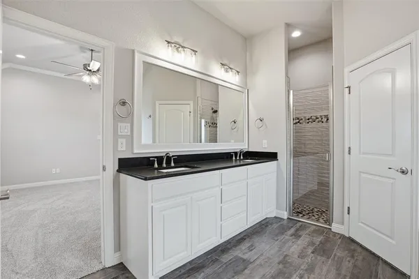 a bathroom with a granite countertop sink a mirror and a shower