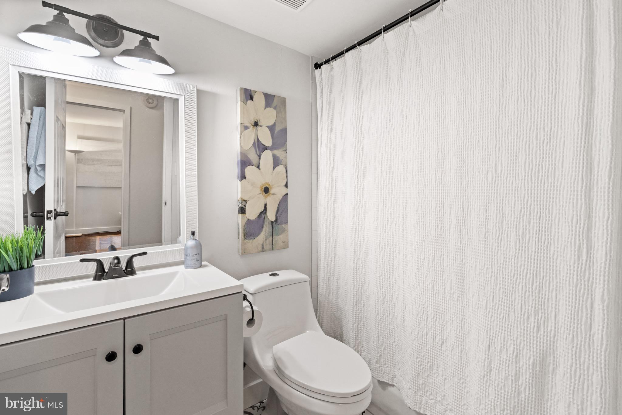 11240 Chestnut Grove Square, Unit 358 Reston, VA 20190 - Photo 23 of 31 a bathroom with a sink a toilet and shower curtain