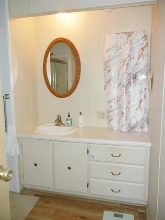 a bathroom with a sink mirror and vanity