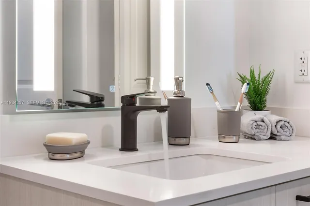 a kitchen with a sink and a potted plant