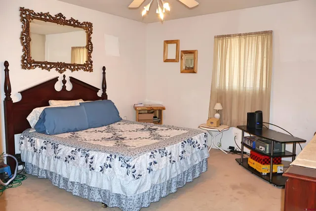 a bedroom with bed a couch and dresser