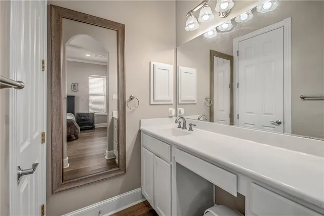 a en suite bathroom with a sink a large mirror and vanity
