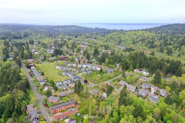 a view of a city with lush green forest
