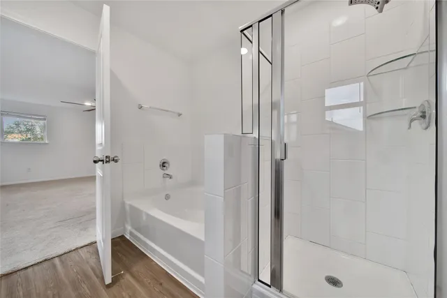 a bathroom with a bathtub and a shower