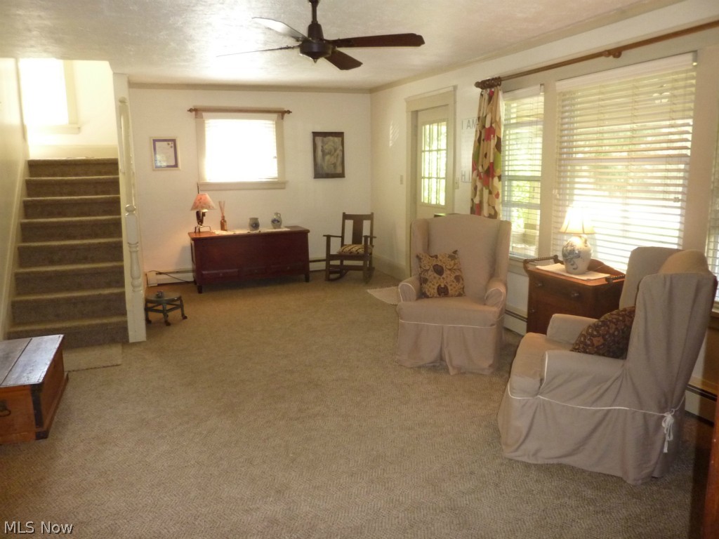 Spacious Living Room with Custom Window Blinds and Ceiling Fan