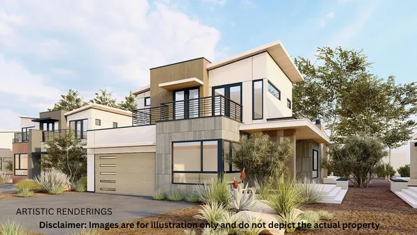 a view of a white building among the street with palm trees