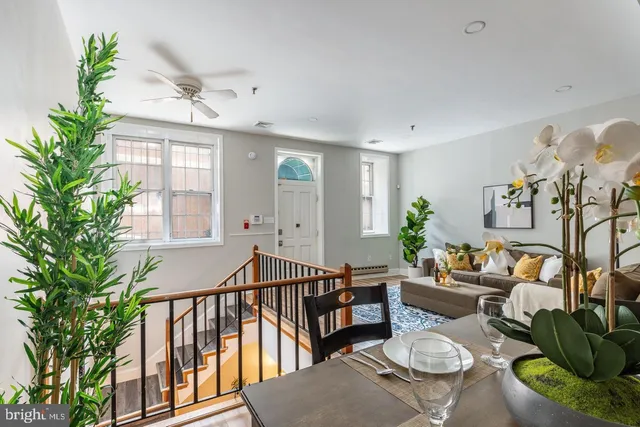 a living room with furniture and a potted plant