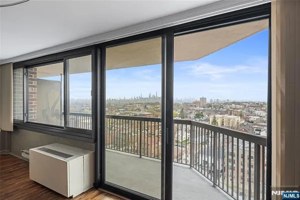 a view of a city from a living room
