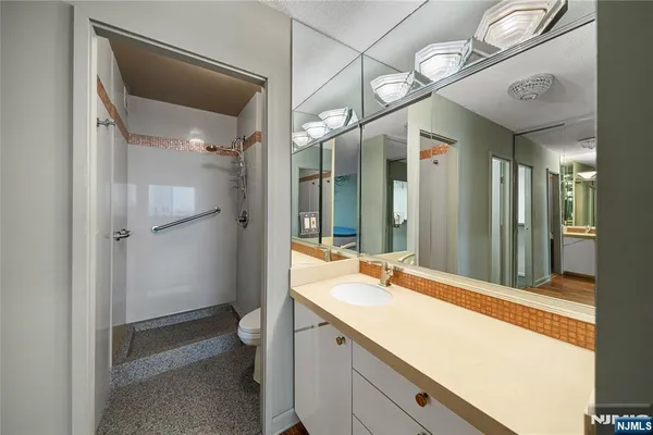 a bathroom with a granite countertop sink toilet and shower