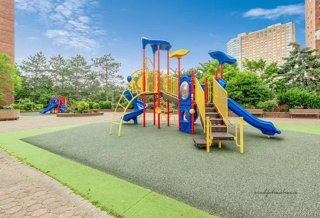 a view of a park with slide
