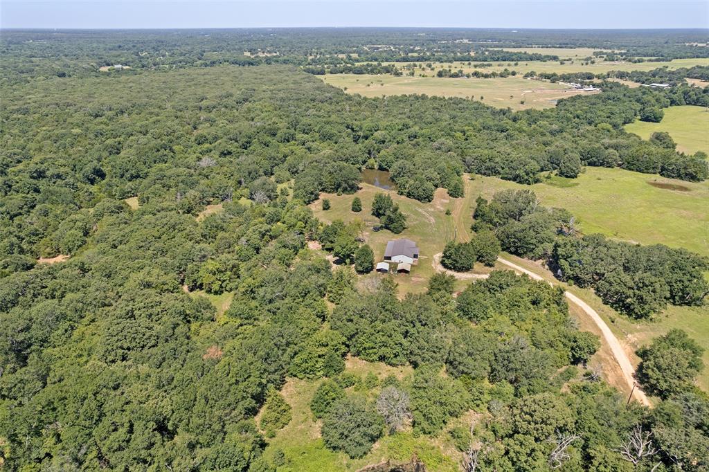 822 Private Road 7370 Point, TX 75472 - Photo 6 of 30 Expansive wooded acreage featuring a private residence with a gray roof and light-colored siding, a visible pond, a winding dirt road, and surrounding open fields