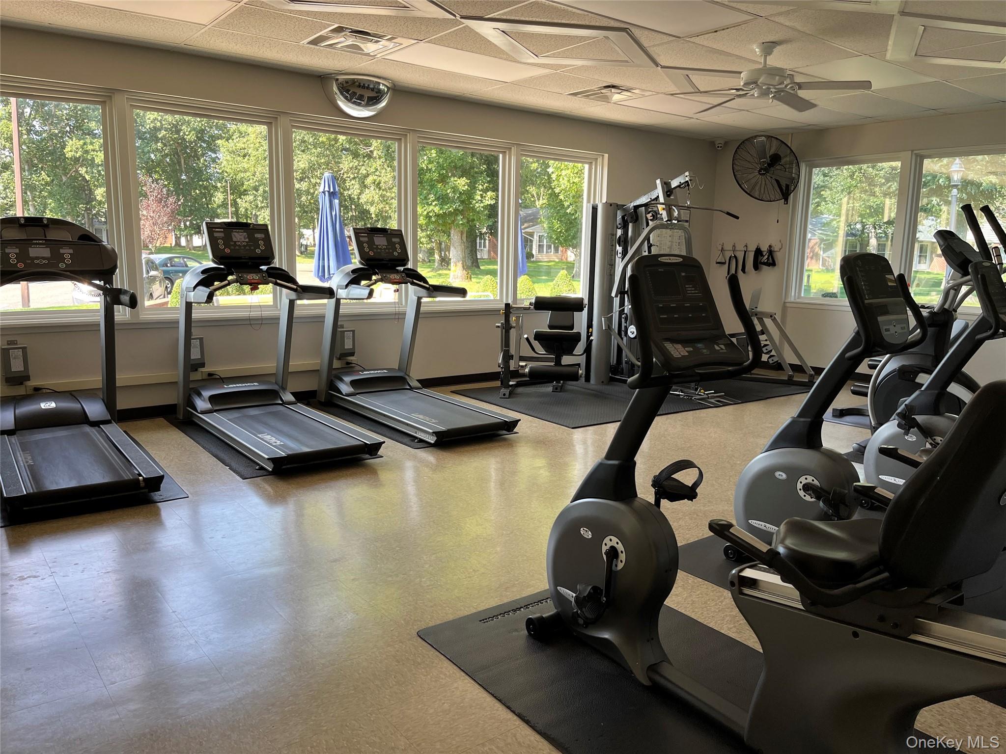 373 Woodbridge Drive, Unit B Ridge, NY 11961 - Photo 20 of 23 a room with gym equipment and large windows