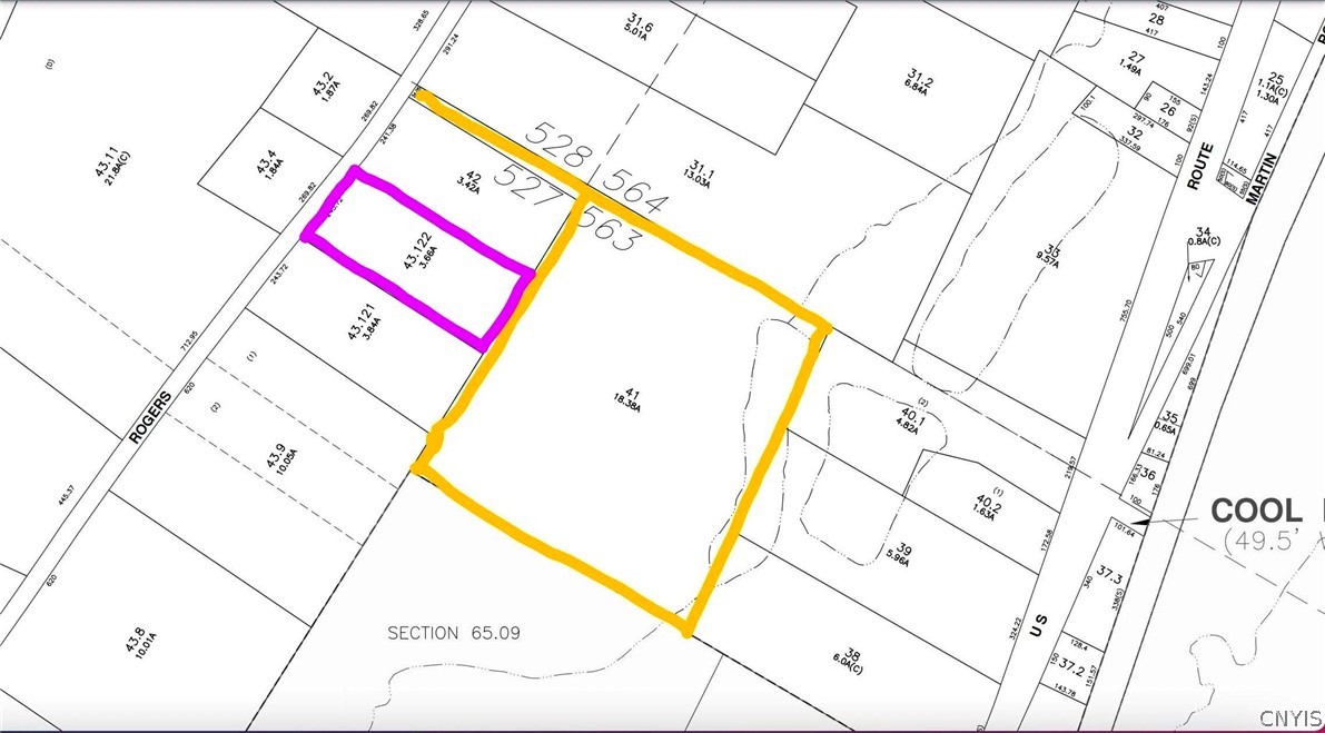 The purple lot is 3.66 acres with 243'  of frontag