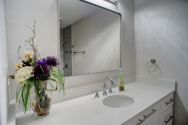 a bathroom with a sink a vanity and a mirror
