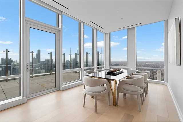 a view of a city from the living room