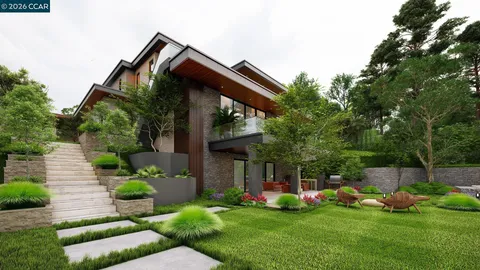 a view of a chair and table in front of house