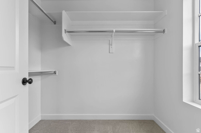 1567 North 3250 West Provo, UT 84601 - Photo 20 of 22 Walk-in closet featuring built-in shelving, chrome hanging rods, a window for natural light, and neutral carpeting