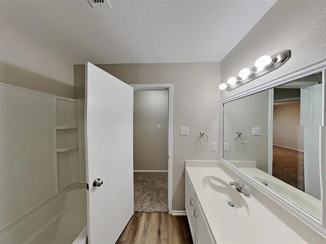 a bathroom with a tub shower vanity and a sink